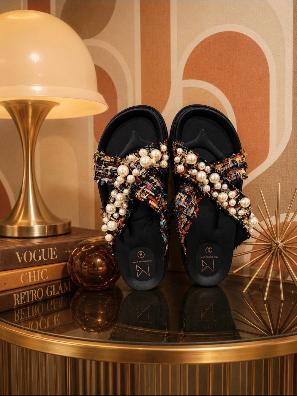 Material Girl Black Slide Sandals with Pearl & Multicolor Tweed Straps